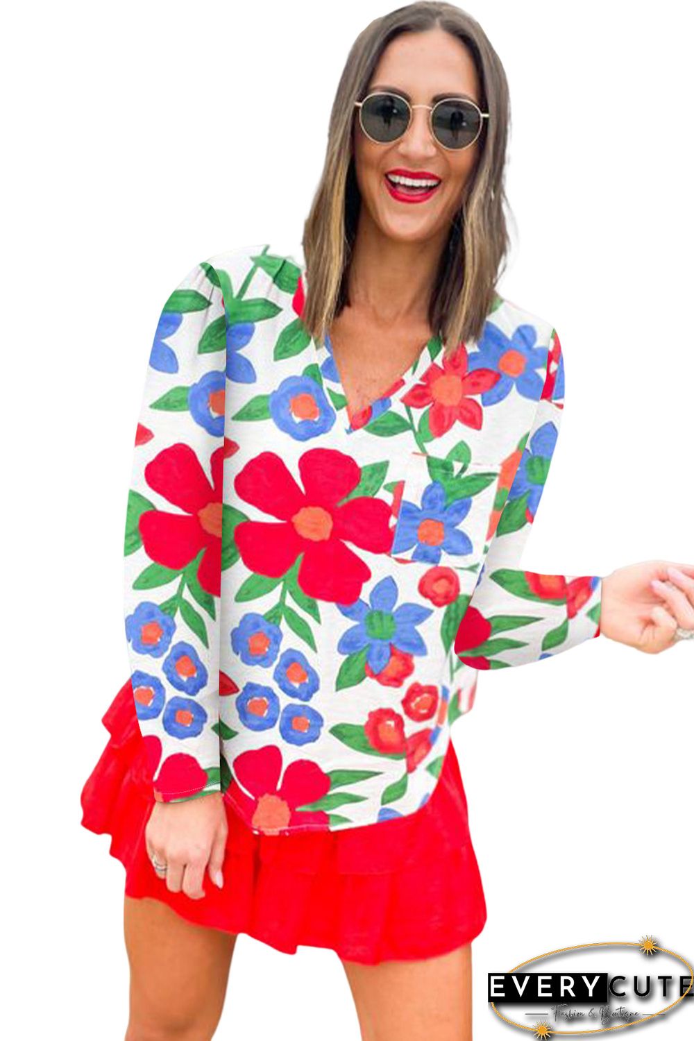 White Floral Print V Neck Long Sleeve Blouse