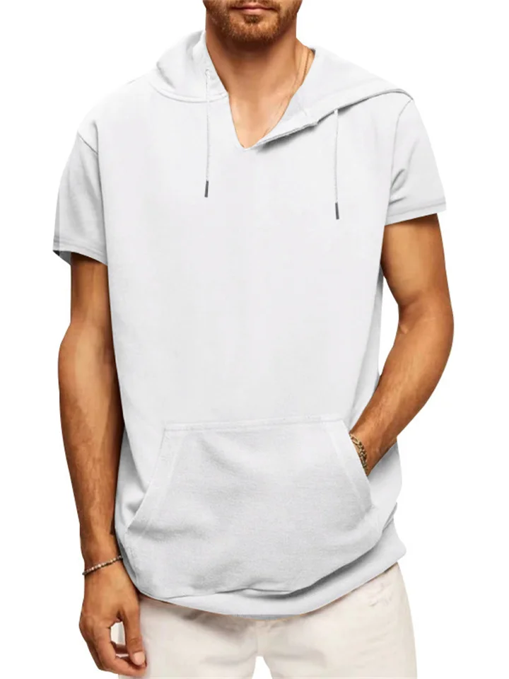 New Men's Solid Color Pullover Sports Casual Sleeveless Men's Section Hooded Horse Clip Loose Three-dimensional Patch Pocket Short-sleeved Cane-Cosfine