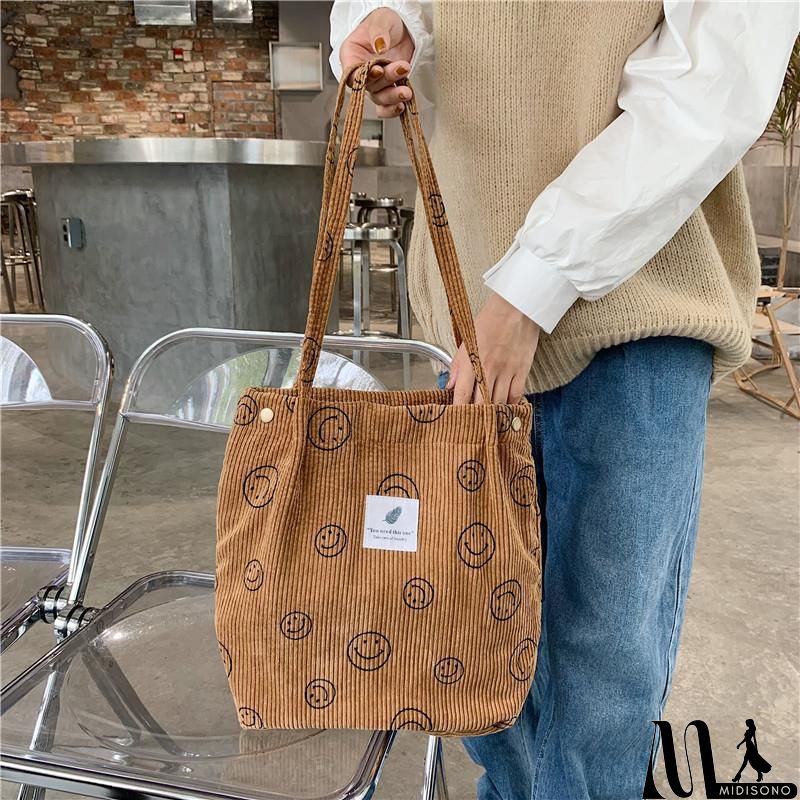 MidiSono - Women Large Smiley Corduroy Shoulder Tote Bag