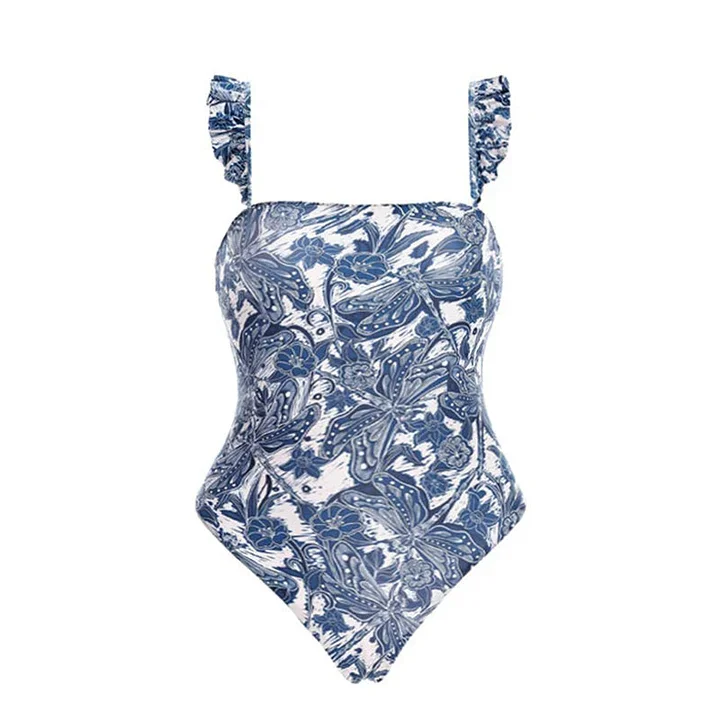 Flaxmaker Plus Size Blue Dragonfly Printed Bikini Swimsuit and Cover Up