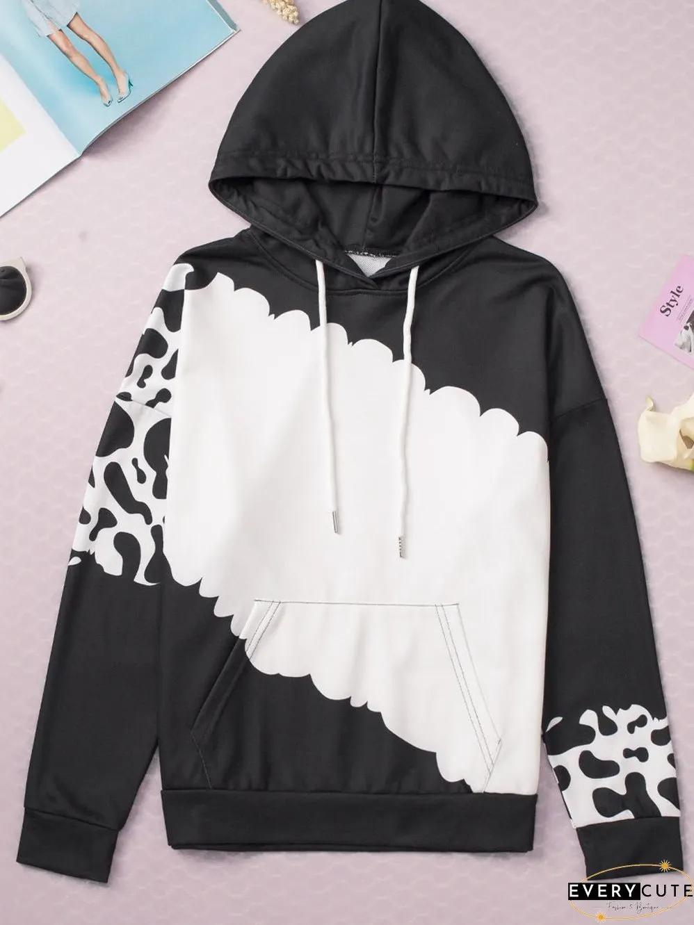 Cow Print Tie Dye Drawstring Hoodie with Pockets