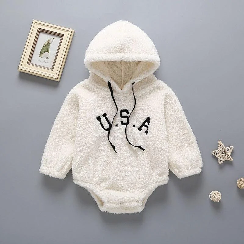 Winter Baby Girl Bodysuits 0-2Yrs Baby Plush Ears Baby Newborn Clothes Hooded Bodysuit Climbing Clothes Plush Thickened