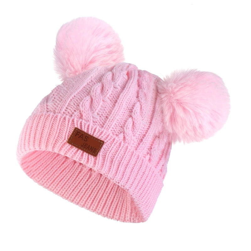 Autumn And Winter Children’s Thickened Wool Hat Ear Double Hair Ball Warm Ear Protection Knitted Hat Set With Standard Solid Color Hat