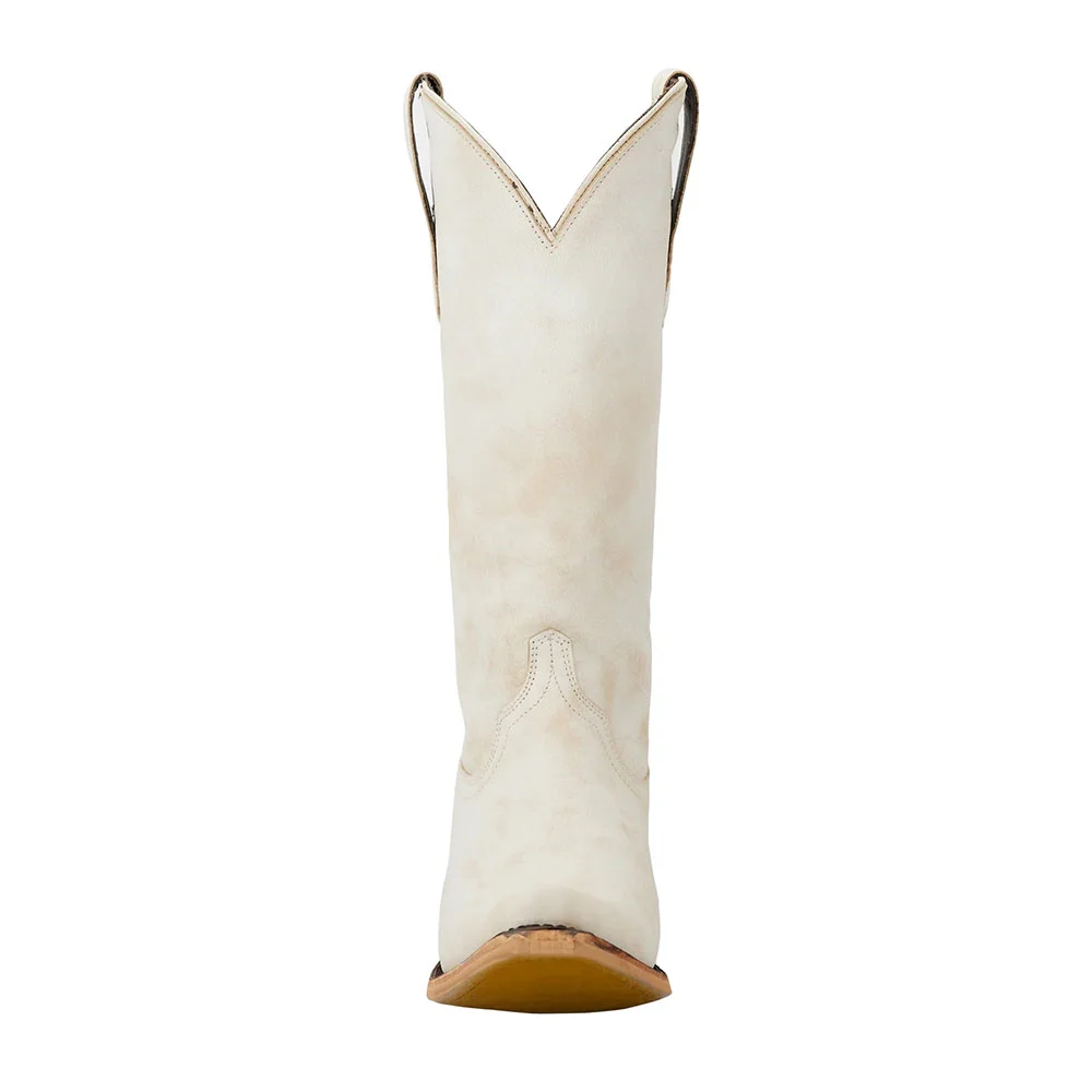 Ivory Snip Toe Chunky Heel Distressed Mid Calf Cowgirl Boots