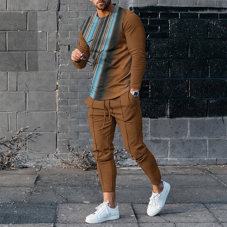 Hiboyz Fashion Men'S Gradual Color Matching Long Sleeve T-Shirt And Pants  Two Piece Set
