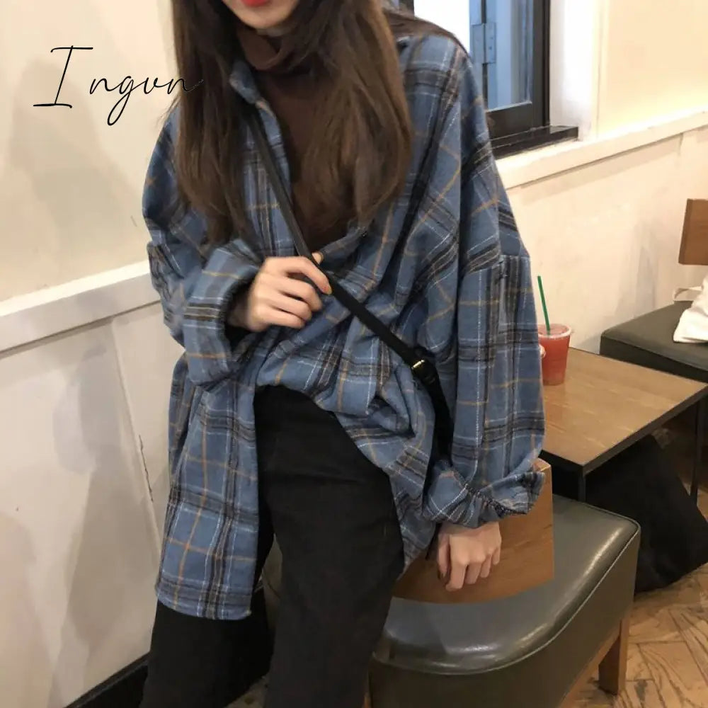 Ingvn - Female Autumn Street Blouse Shirts Vintage Oversized Plaid Flannel Boyfriend Tunic Shirt