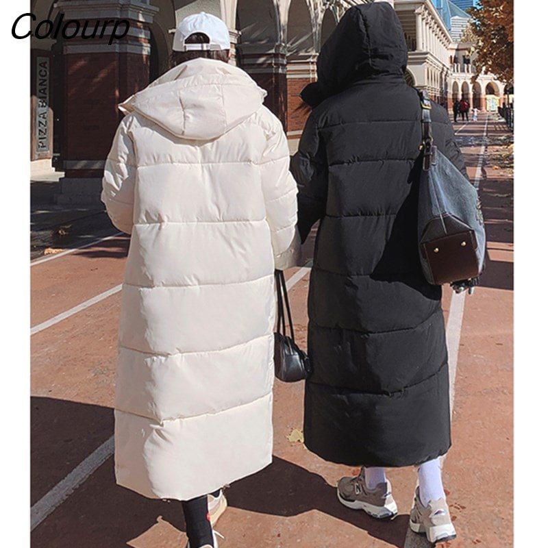 Colourp Womens Parka Length Jacket Baggy Winter Thicken Warm Korean Fashion Casual Mom Hooded Oversized Puffer Coat Bubble Outwear