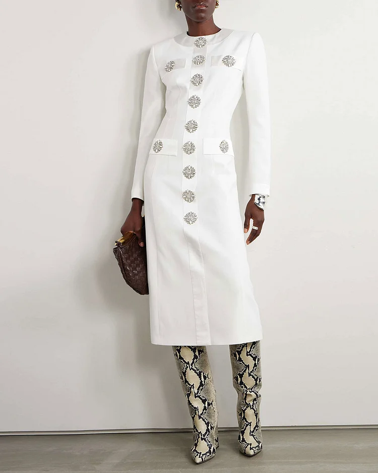 Crystal embellished satin-trimmed crepe midi dress