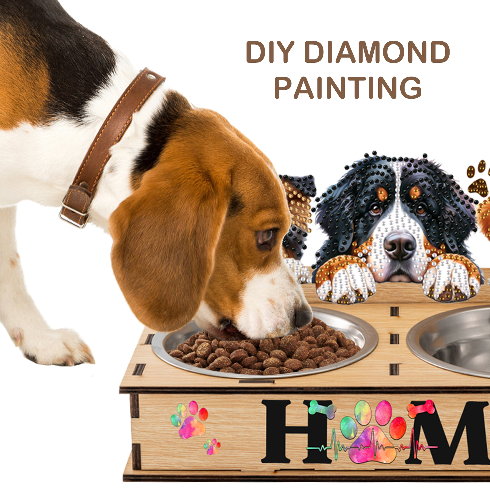 Diamond Painting Food Bowl with Wood Stand Diamond Art Dog Bowl for Small Dogs