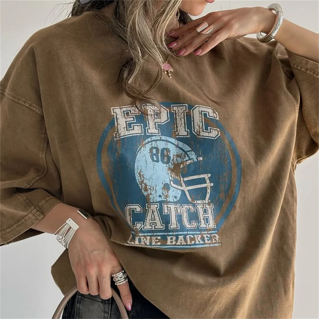 Athvotar Athvotar Street Trend Fashion To Do Old Washing Printing T-Shirt With Seven-Sleeve Top Loose Oversize Women