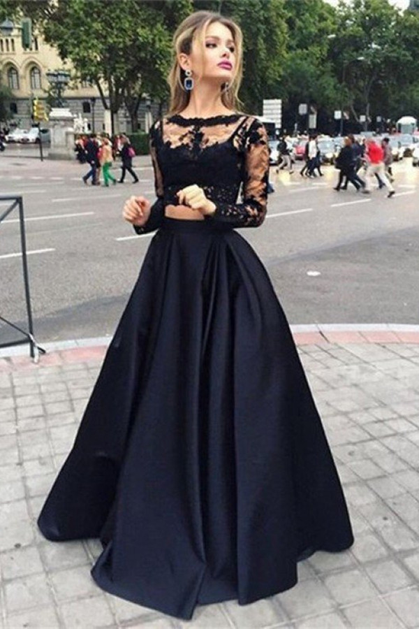Fabulous Long Sleeves Black Lace Prom Dress Two Pieces - lulusllly