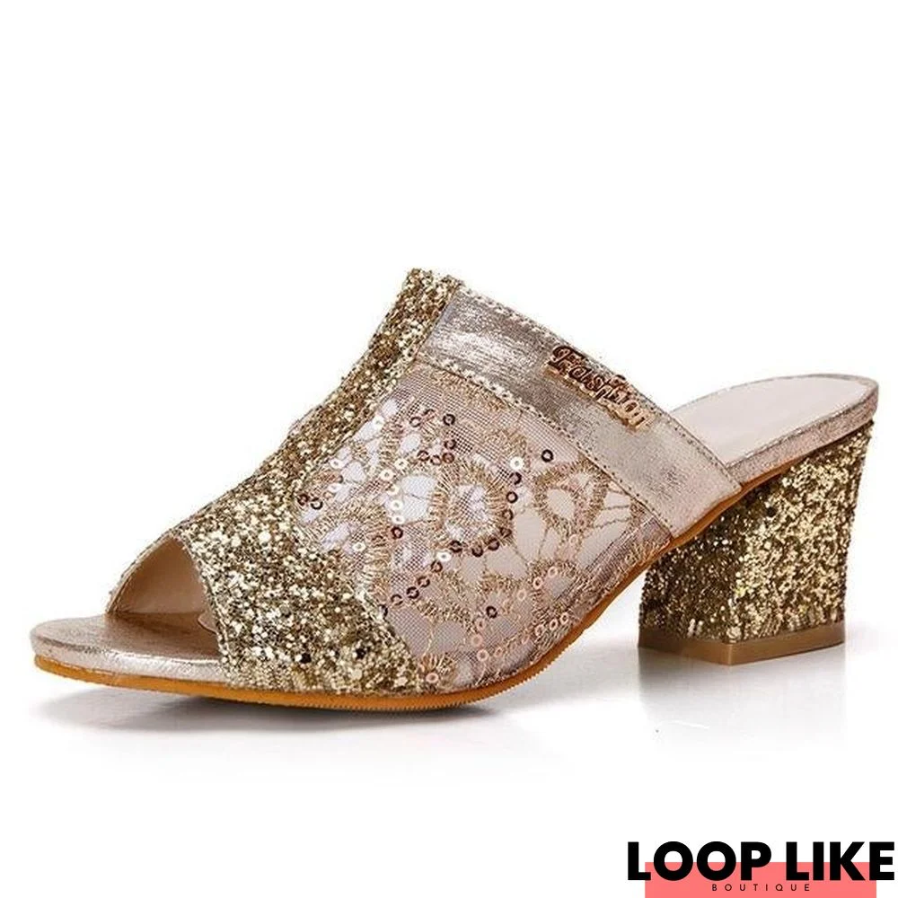 Women Bling Square Heel Lace Slippers Hollow Sandals