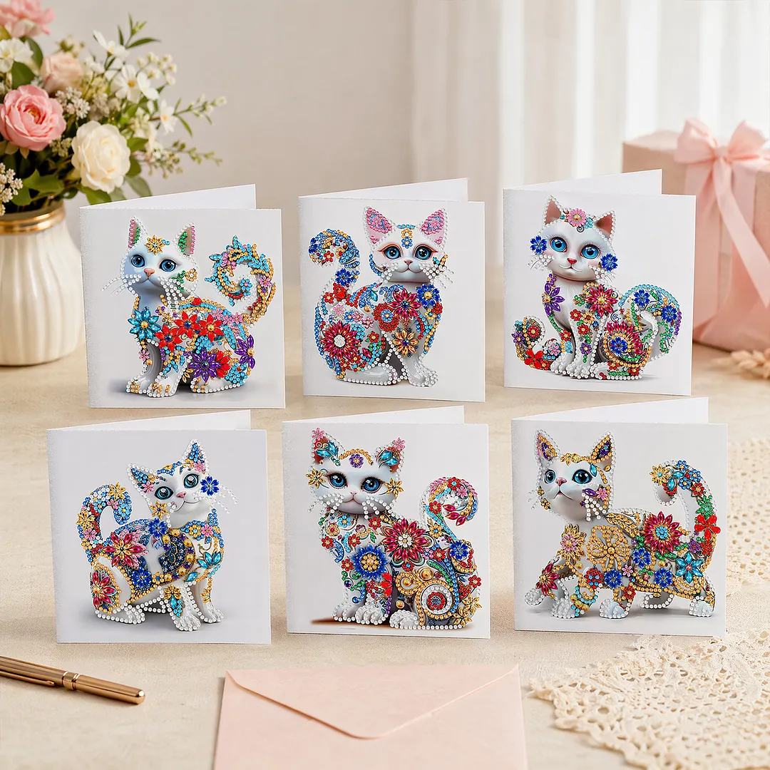 6pcs White Cat DIY Diamond Painting Greeting Card Kits with Envelopes Diamond Art Greeting Cards Diamond Art Cards Kits for Adults DIY Crafts Family Friend Gifts