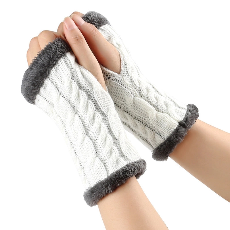 New Autumn And Winter Fleece-lined Wool Gloves Twist Knitted Finger Leakage Plush Oversleeve Warm Thickened Wool Gloves