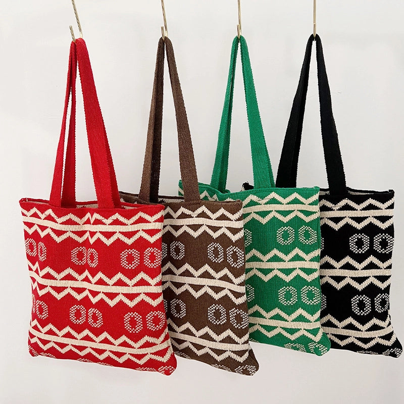 Women’s Knit Stripe Classic Style Weave Square Open Shoulder Bag Handbag