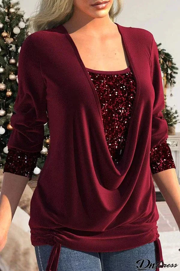 Christina Sequin Drape Neck Ruched Top