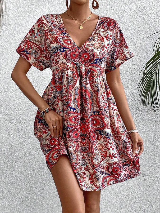 Women's Resort Style V-Neck Printed Dress