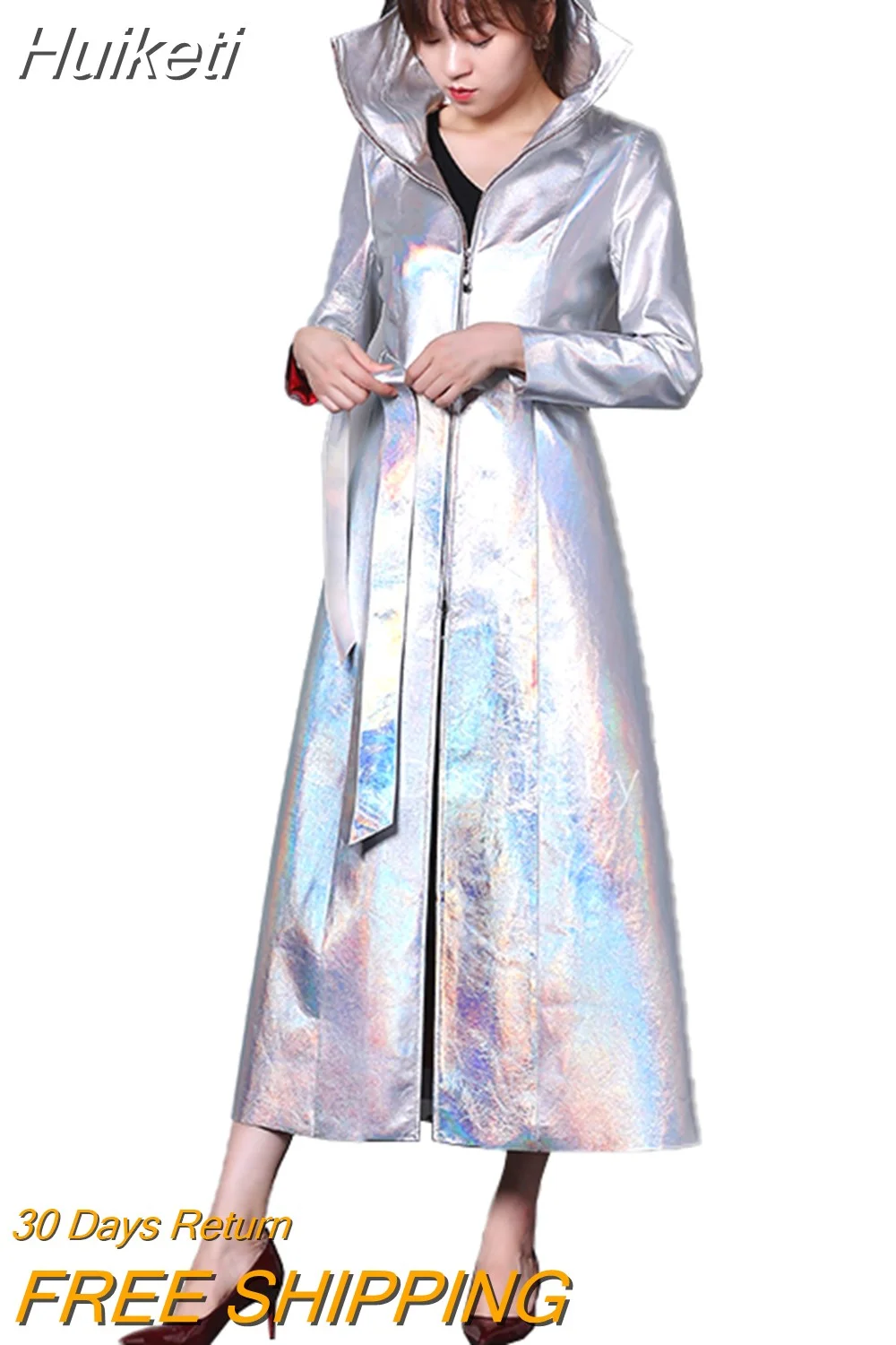 Huiketi Spring Autumn Long Luxury Shiny Reflective Holographic Patent Pu Leather Trench Coat for Women European Fashion 2023