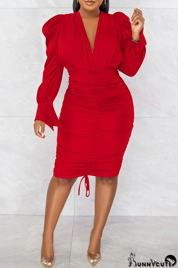 Red Fashion Sexy Casual Solid Patchwork Fold V Neck Long Sleeve Dresses