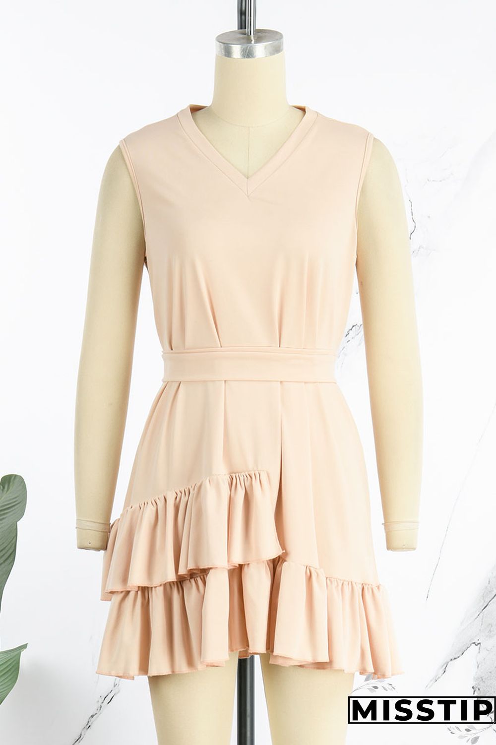 Orange Casual Sweet Solid Patchwork Flounce With Belt Asymmetrical V Neck A Line Dresses