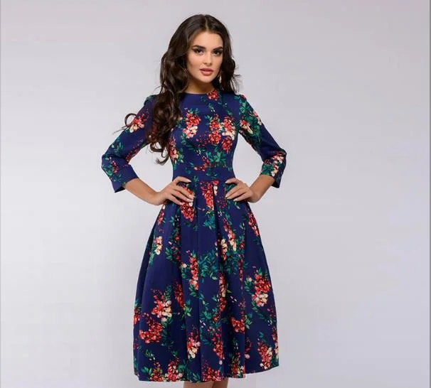 Uveng Party Vintage Small Floral Urban Style 3/4 Sleeve Round Neck Dress