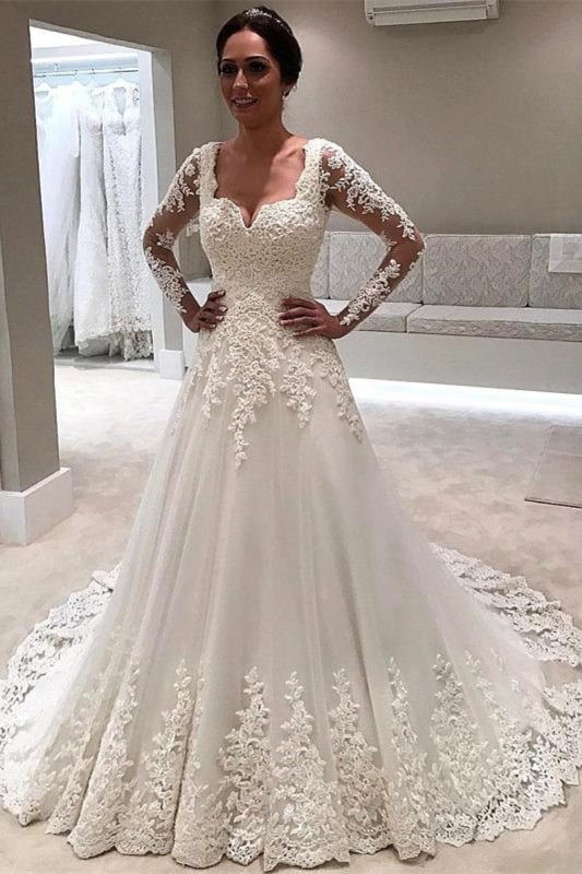 A-Line Long Sleeves Wedding Dress With Lace Appliques | Ballbellas Ballbellas