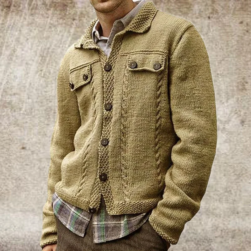 Men's long-sleeved lapel single-breasted knit sweater slim-fit wool cardigan
