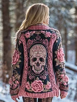 Boho Skull & Floral Art Women's Knit Cardigan