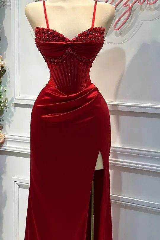 oksteph red dress Corseted Thigh-High Split Maxi Dress in Rose Red - 2