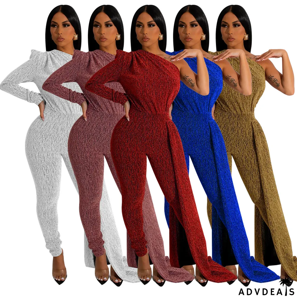 Autumn Glossy Sloping Shoulder Skinny Jumpsuit