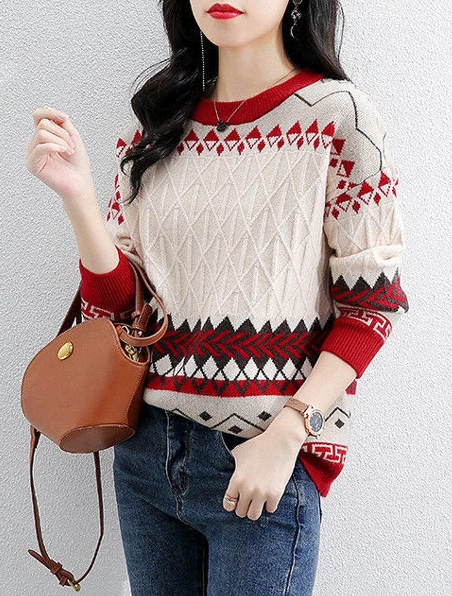 Fall/Winter Round Neck Retro Color Block Knitted Sweater | EGEMISS