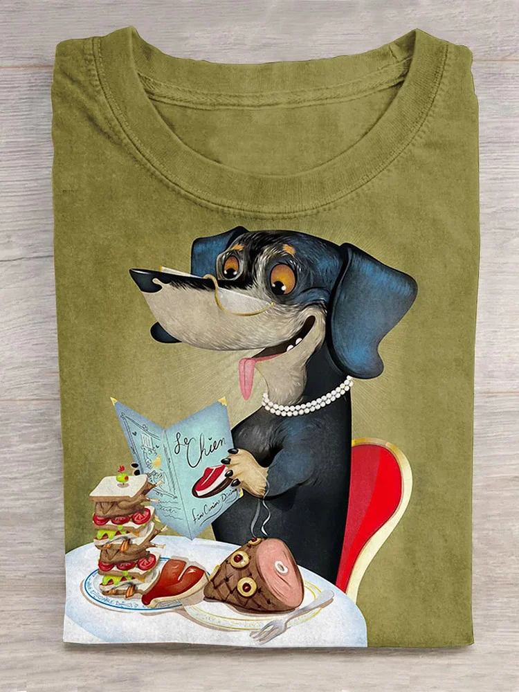 Cute Dog Eats Food Art Print Casual T-Shirt