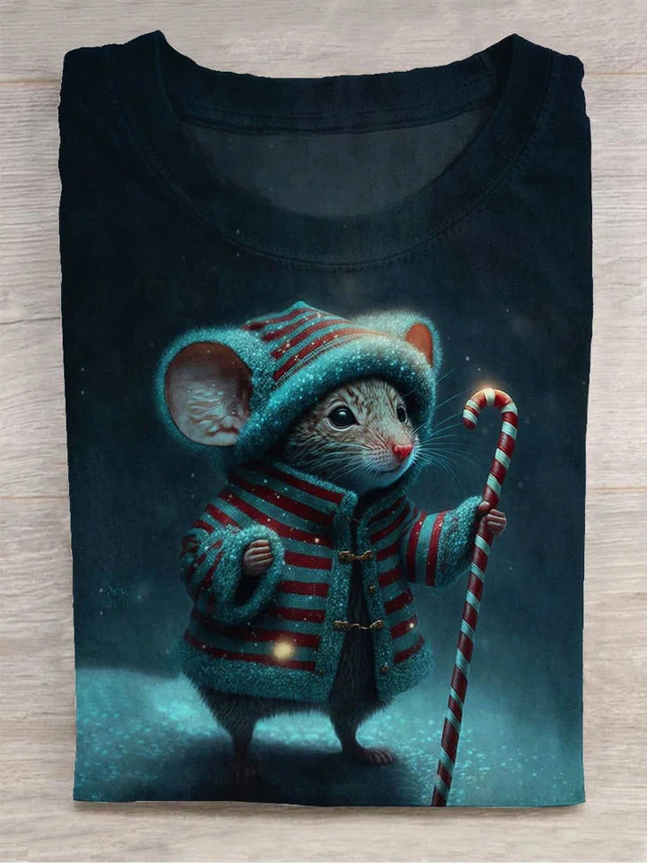 Christmas Cute Mouse Art Print Casual T-shirt