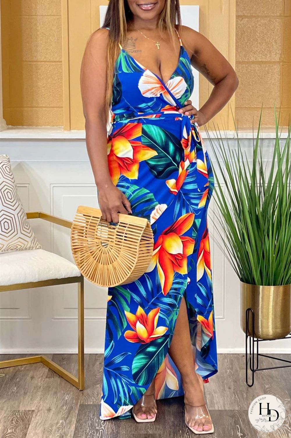 Red Sexy Casual Print Bandage Backless V Neck Sling Dress