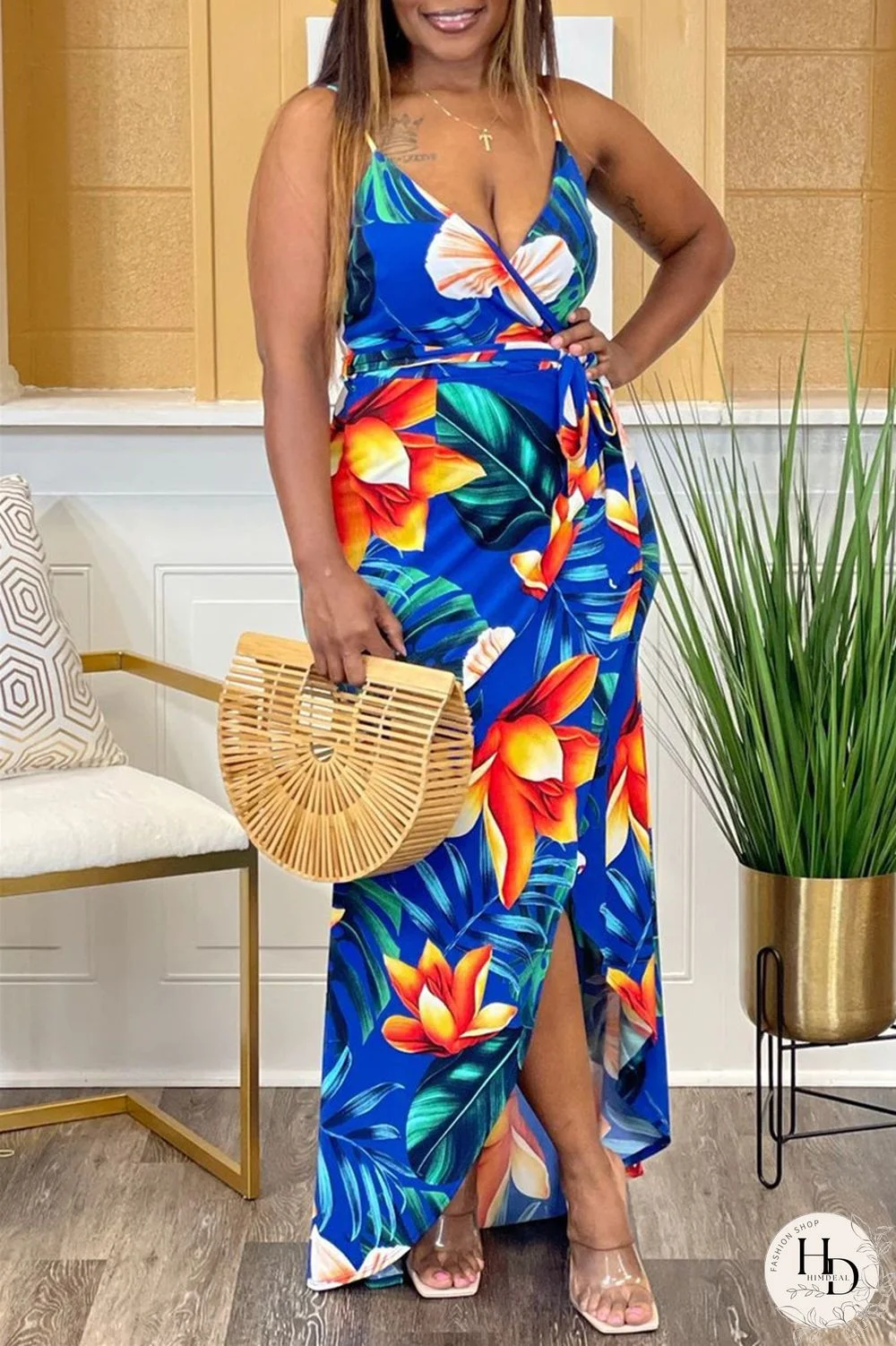 Red Sexy Casual Print Bandage Backless V Neck Sling Dress