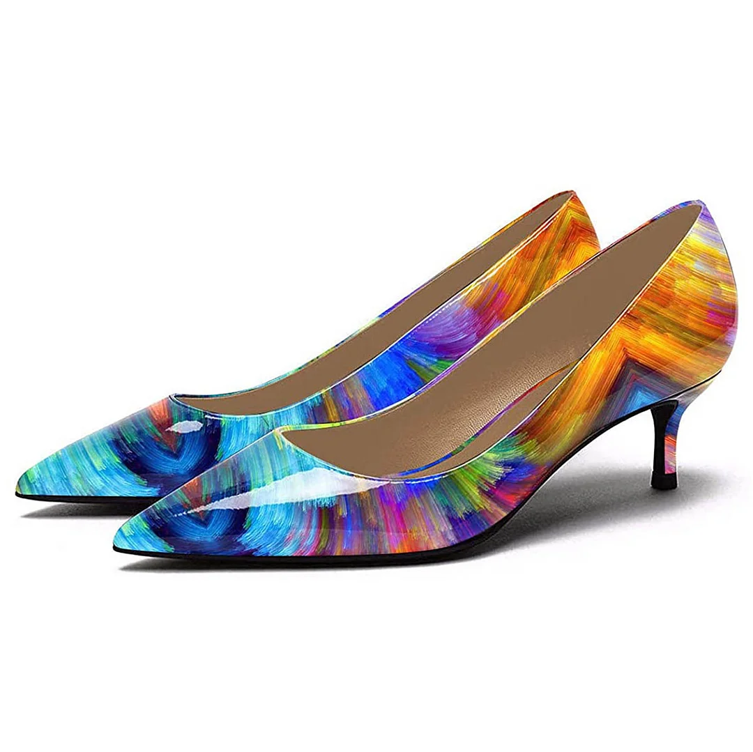 Multicolor Patent Leather Pointed Toe Kitten Heel Pumps Shoes