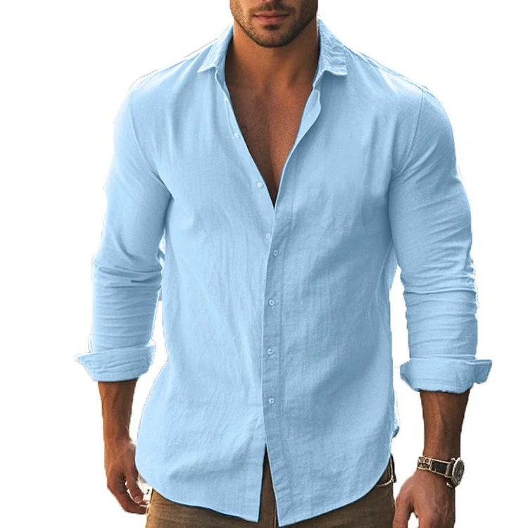 Men's Cotton Lapel Solid Color Long Sleeve Shirt 62823004Y