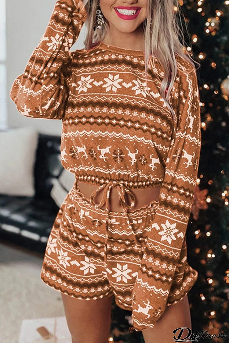 Snowflake Deer Cropped Sweater Shorts Set