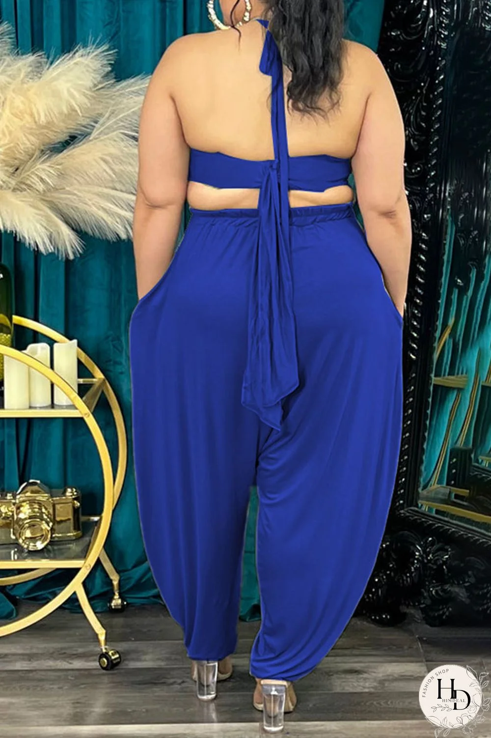 Rose Red Sexy Solid Bandage Patchwork Backless Asymmetrical Halter Plus Size Two Pieces