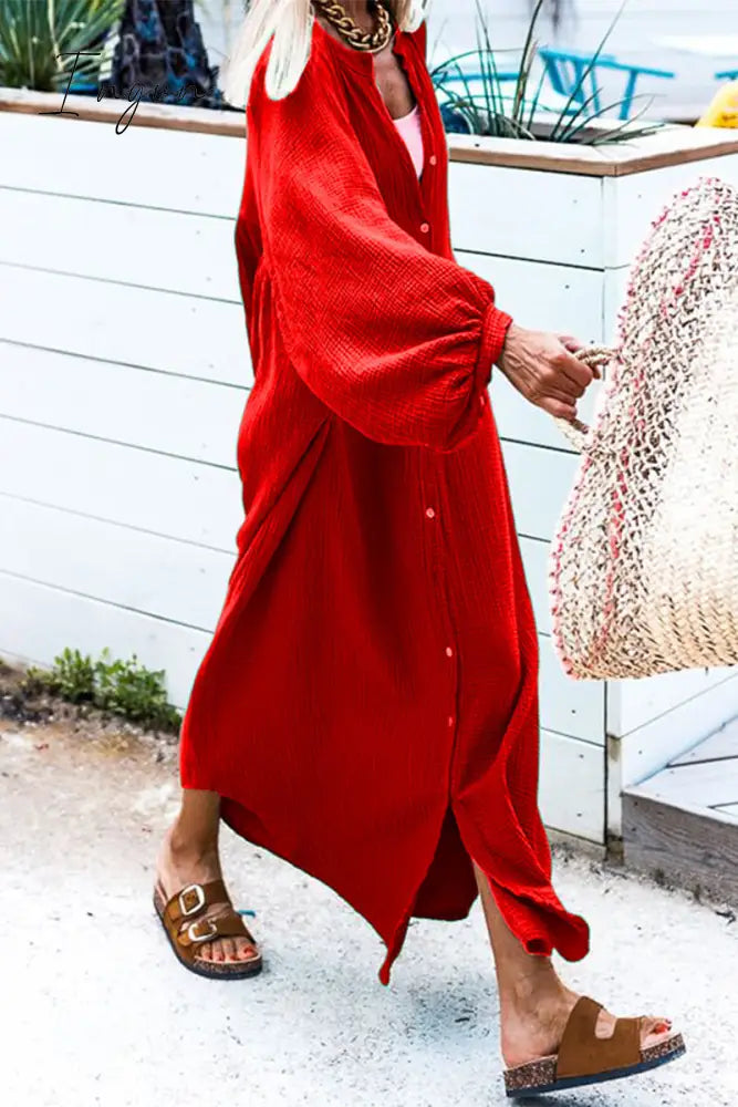 Ingvn - Casual Solid Buckle O Neck Long Sleeve Dresses(3 Colors) Red / S Dresses/Casual Dresses