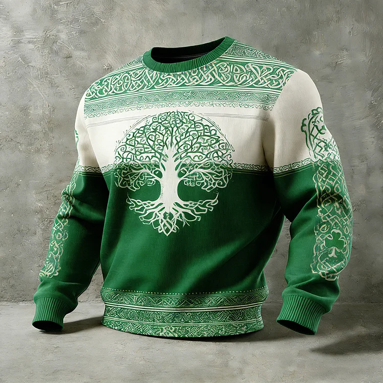 Men's St. Patrick's Day Themed Tree Of Life Pattern Comfortable Crew Neck Sweater