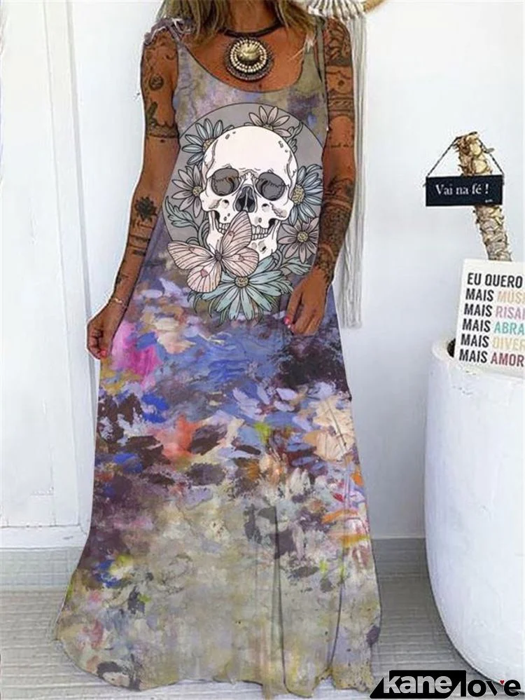 Casual Boho Stlye Women Halloween Skull Print Loose Maxi Dress