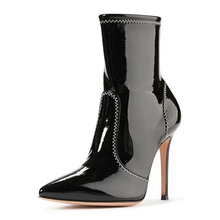 Black Patent Leather Pointy Toe Stiletto Boots Fashion Ankle Boots |FSJ Shoes