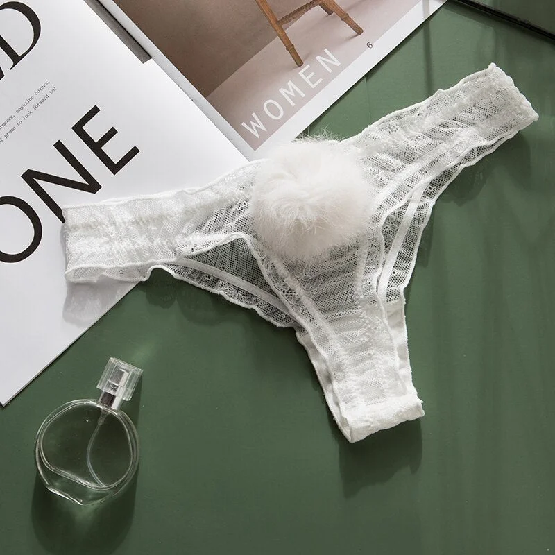 Sexy Lace Thong Women's Panties Underpants Breathable Female Transparent Fashion Detachable Hair Ball Lady G-string Briefs