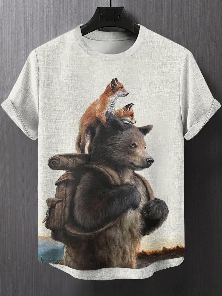 Men's Bear and Fox Print Casual T-Shirt