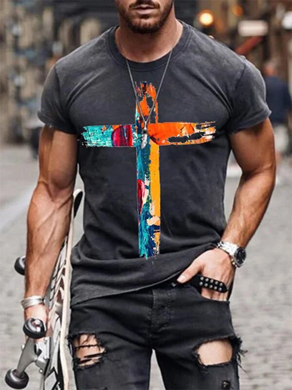 Abstract Cross Printed Round Neck Loose T-shirt