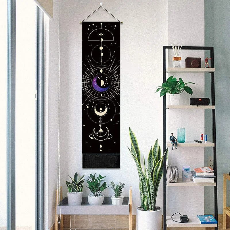 Moon Phase Tapestry Wall Hanging Lunar Eclipse Cycle Tassel Carpet Sun Moon Tapestries Bohemian Psychedelic Wall Decoration