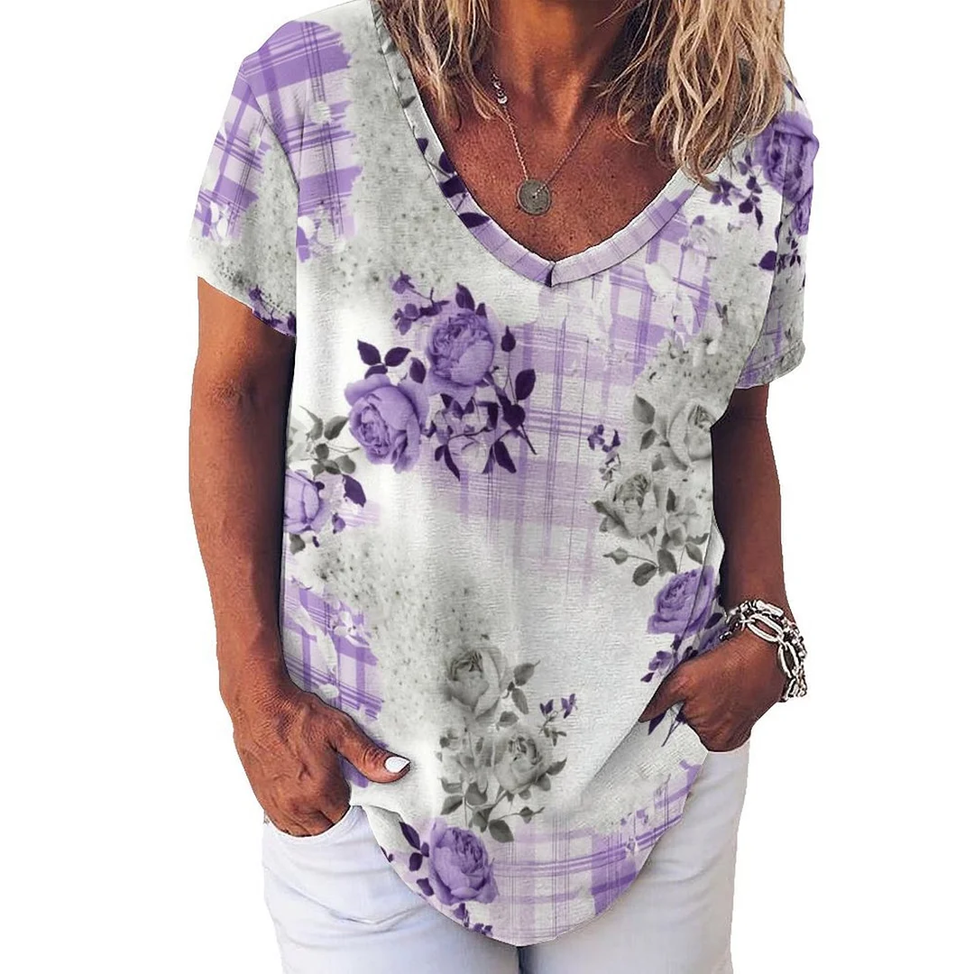 V-neck Short Sleeve Casual T-shirt for  Women Printed with Pattern Floral, Purple, Plaid