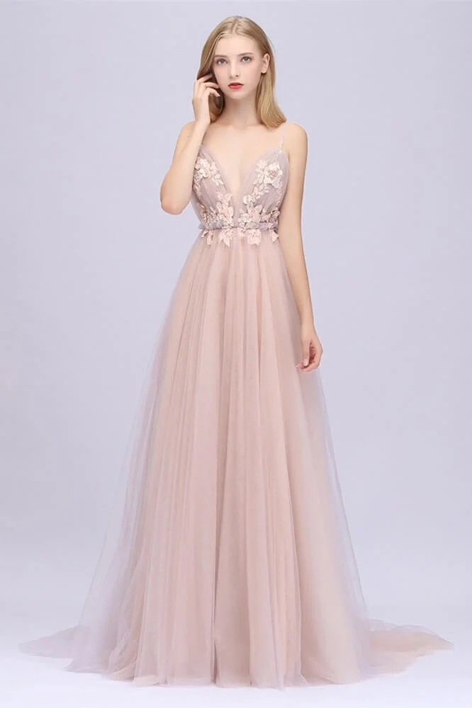 Bellasprom Blushing Spaghetti-Straps Evening Party Gowns Tulle Backless With Appliques