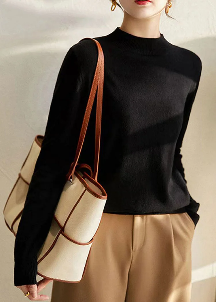 New Elegant Black Stand Collar Woolen Knit Pullover Fall